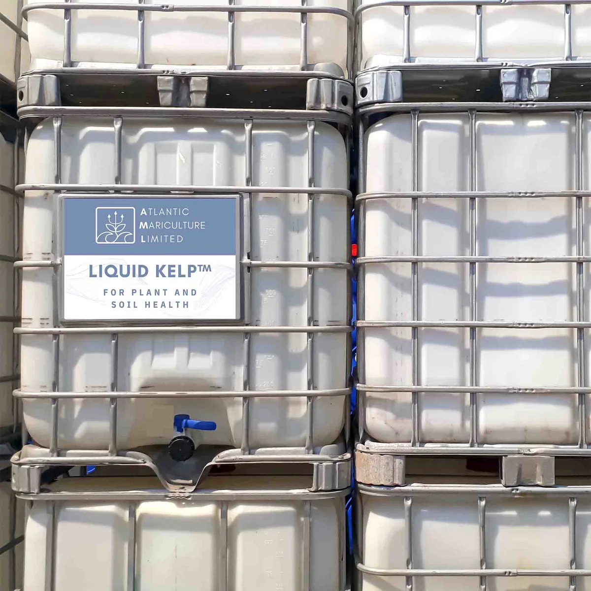 Stacked totes of Liquid Kelp biostimulant ready to ship